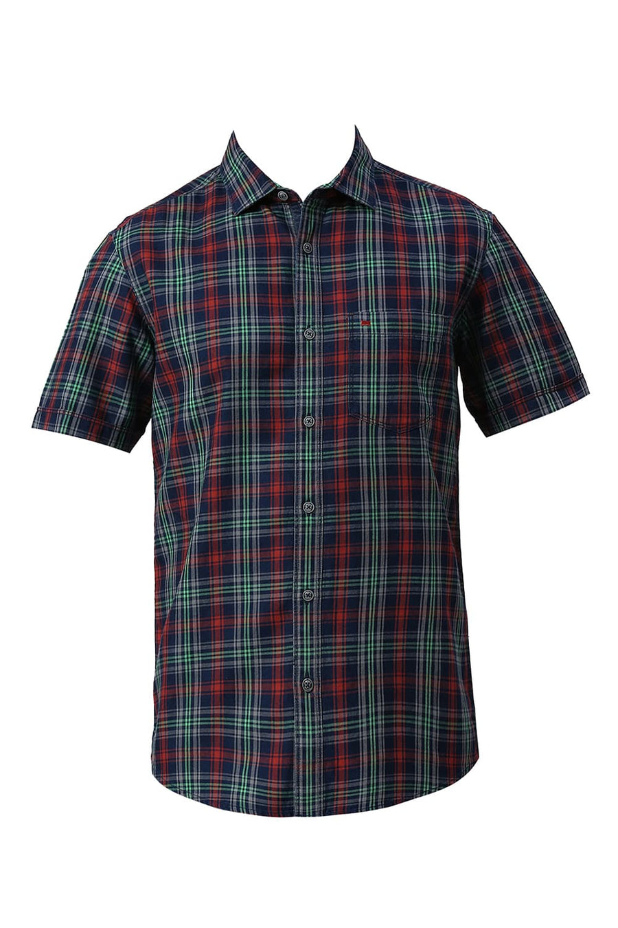 BASICS SLIM FIT AURORA RED COTTON INDIGO CHECKS HALFSLEEVES SHIRT