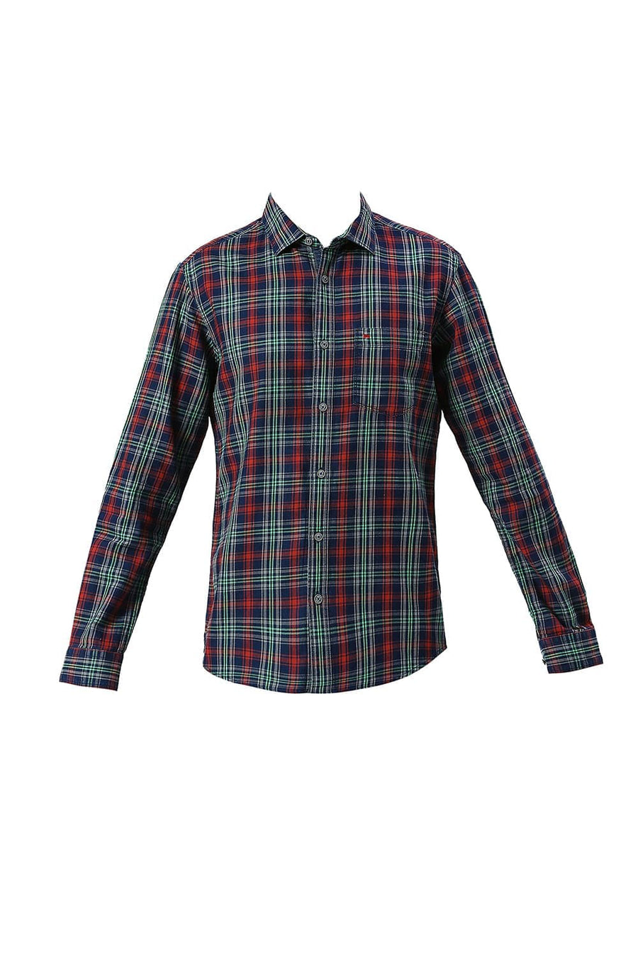 BASICS SLIM FIT AURORA RED COTTON INDIGO CHECKS SHIRT