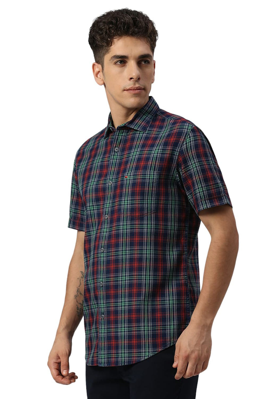 BASICS SLIM FIT AURORA RED COTTON INDIGO CHECKS HALFSLEEVES SHIRT