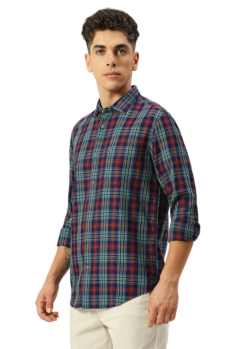 BASICS SLIM FIT AURORA RED COTTON INDIGO CHECKS SHIRT