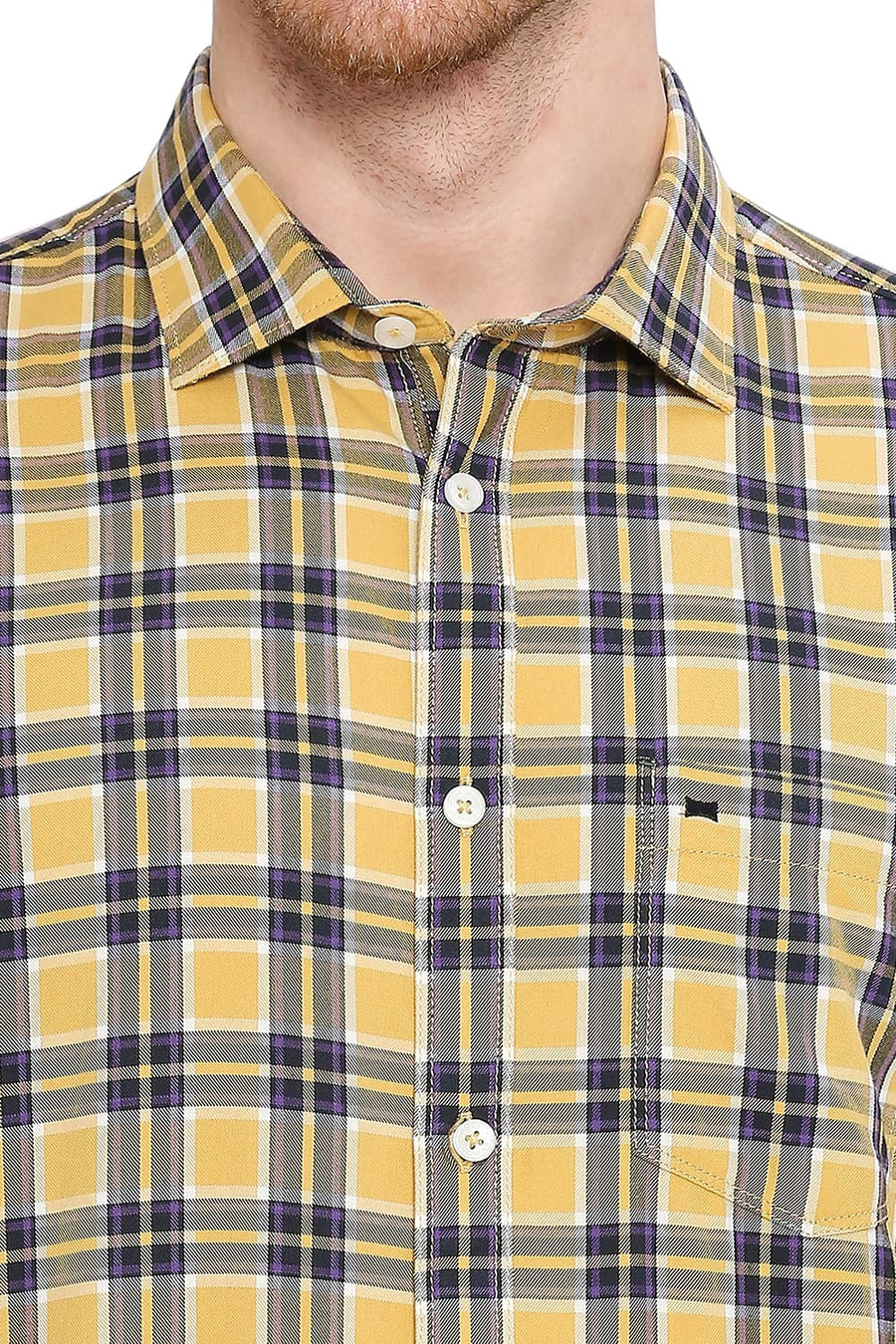 BASICS SLIM FIT MOONSTONE ECRU COTTON TWILL CHECKS SHIRT