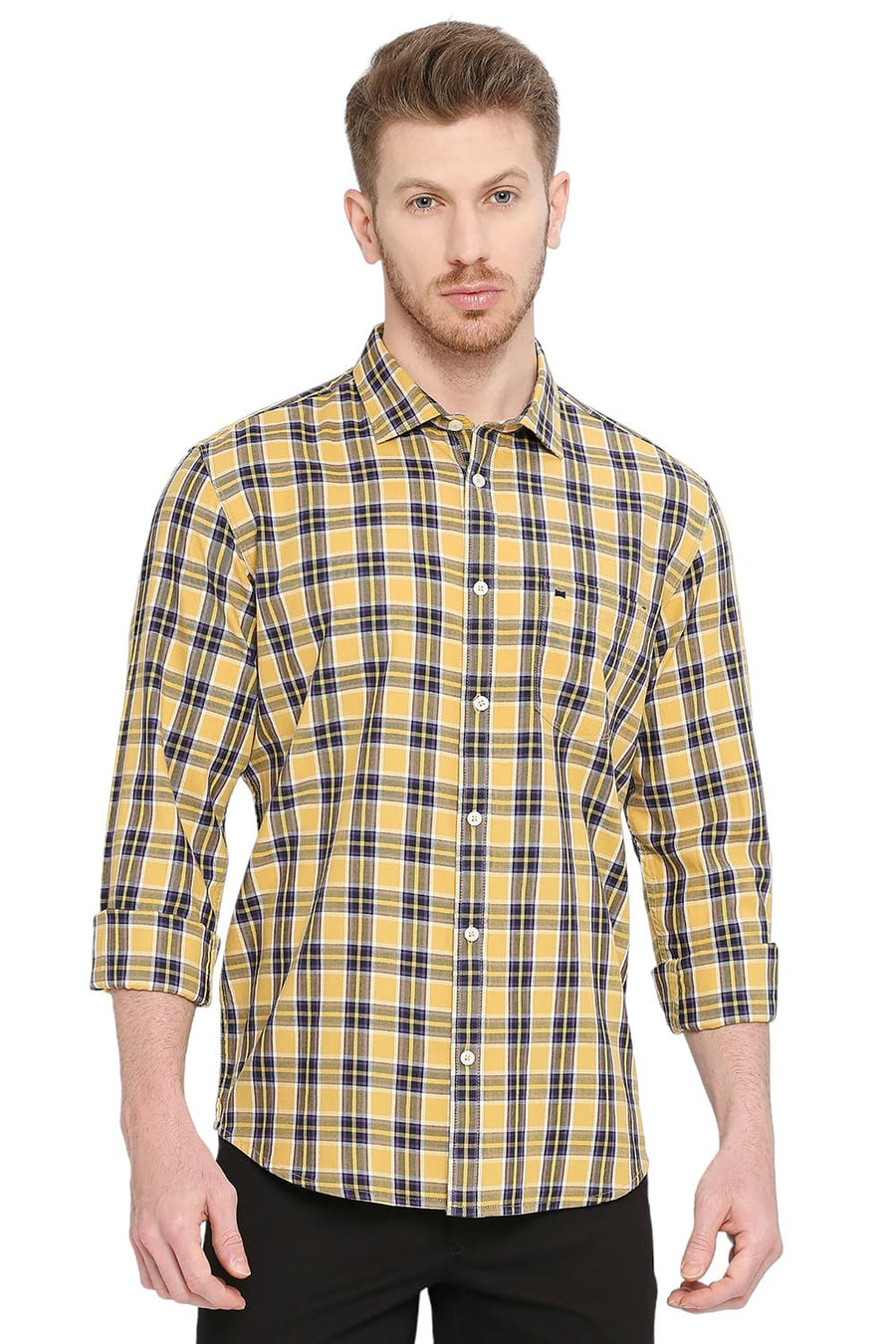 BASICS SLIM FIT MOONSTONE ECRU COTTON TWILL CHECKS SHIRT