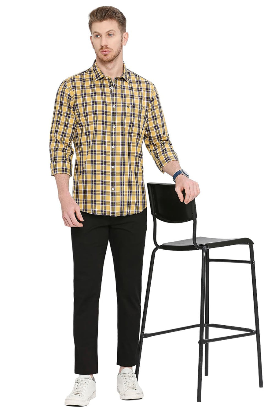BASICS SLIM FIT MOONSTONE ECRU COTTON TWILL CHECKS SHIRT