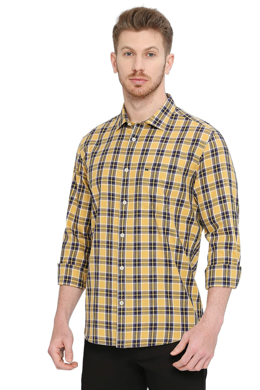 BASICS SLIM FIT MOONSTONE ECRU COTTON TWILL CHECKS SHIRT