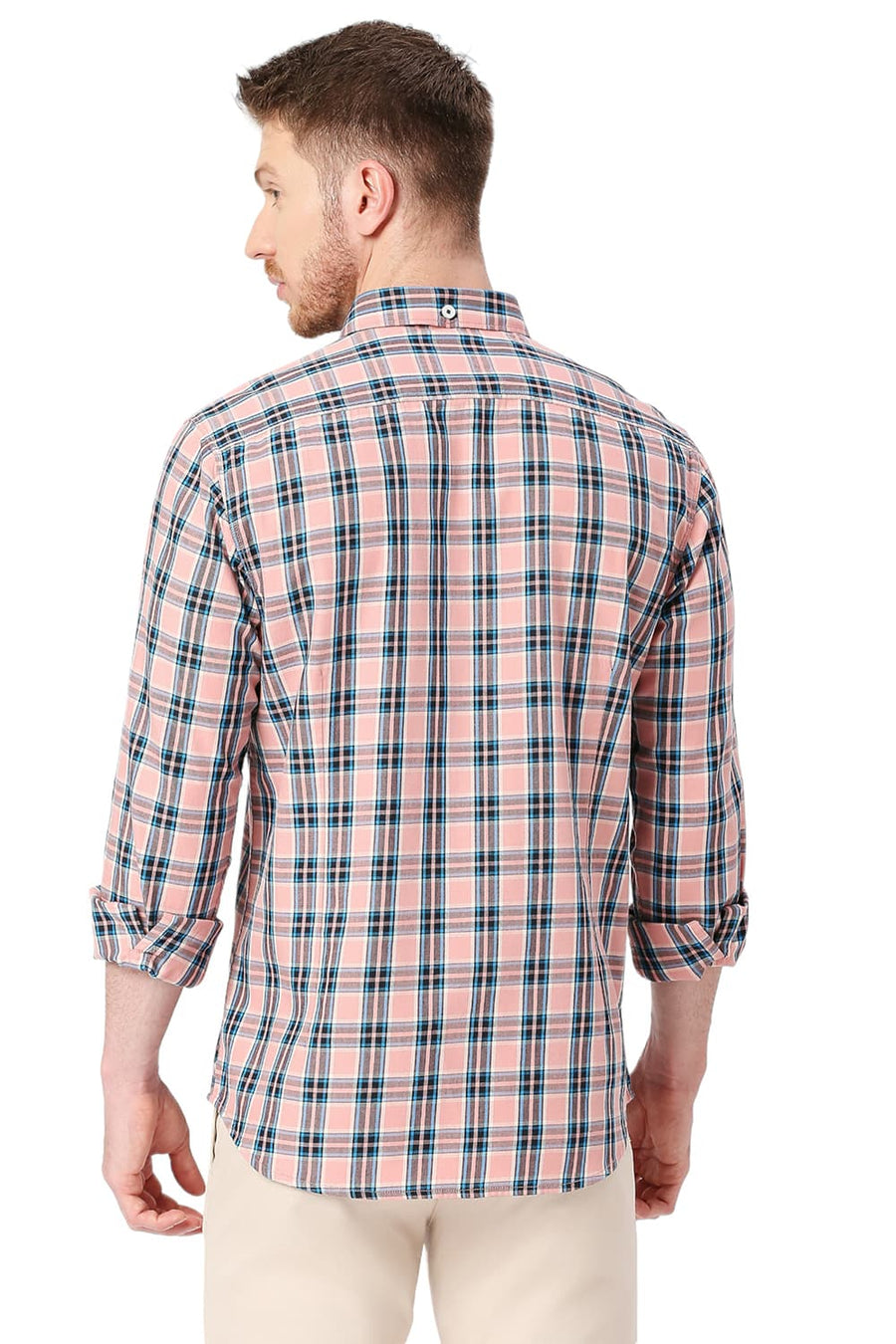BASICS SLIM FIT LANTANA PEACH COTTON TWILL CHECKS SHIRT