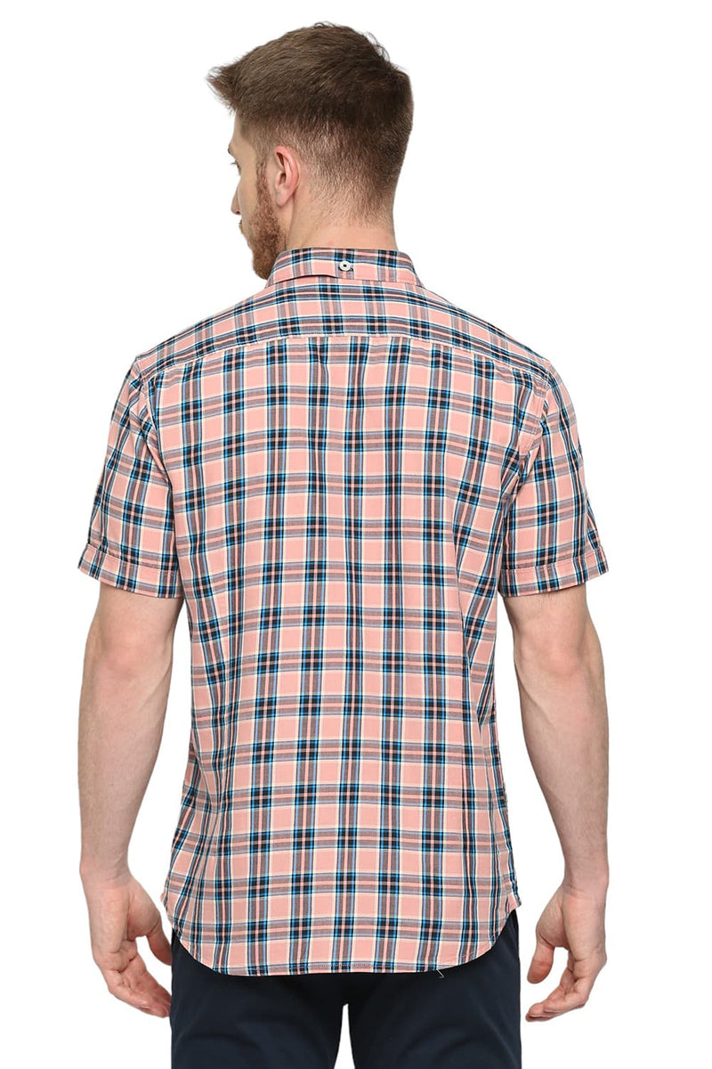 BASICS SLIM FIT COTTON TWILL CHECKS HALFSLEEVES SHIRT