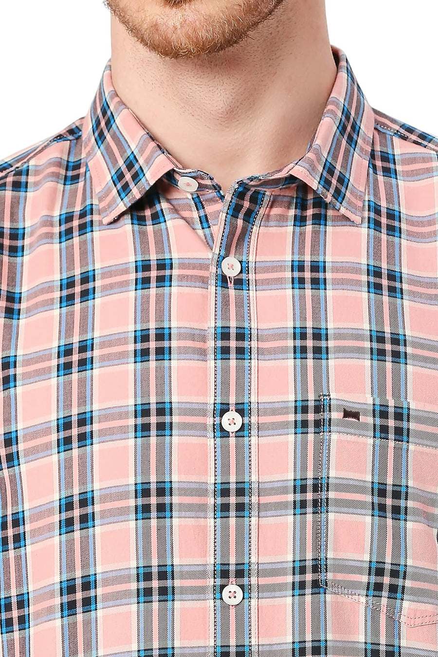 BASICS SLIM FIT LANTANA PEACH COTTON TWILL CHECKS SHIRT