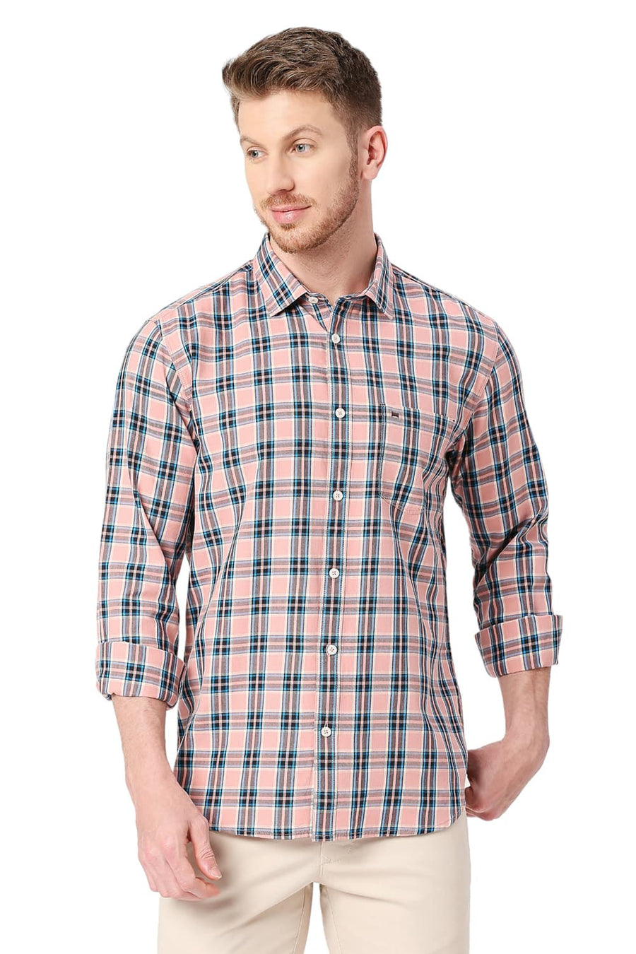 BASICS SLIM FIT LANTANA PEACH COTTON TWILL CHECKS SHIRT