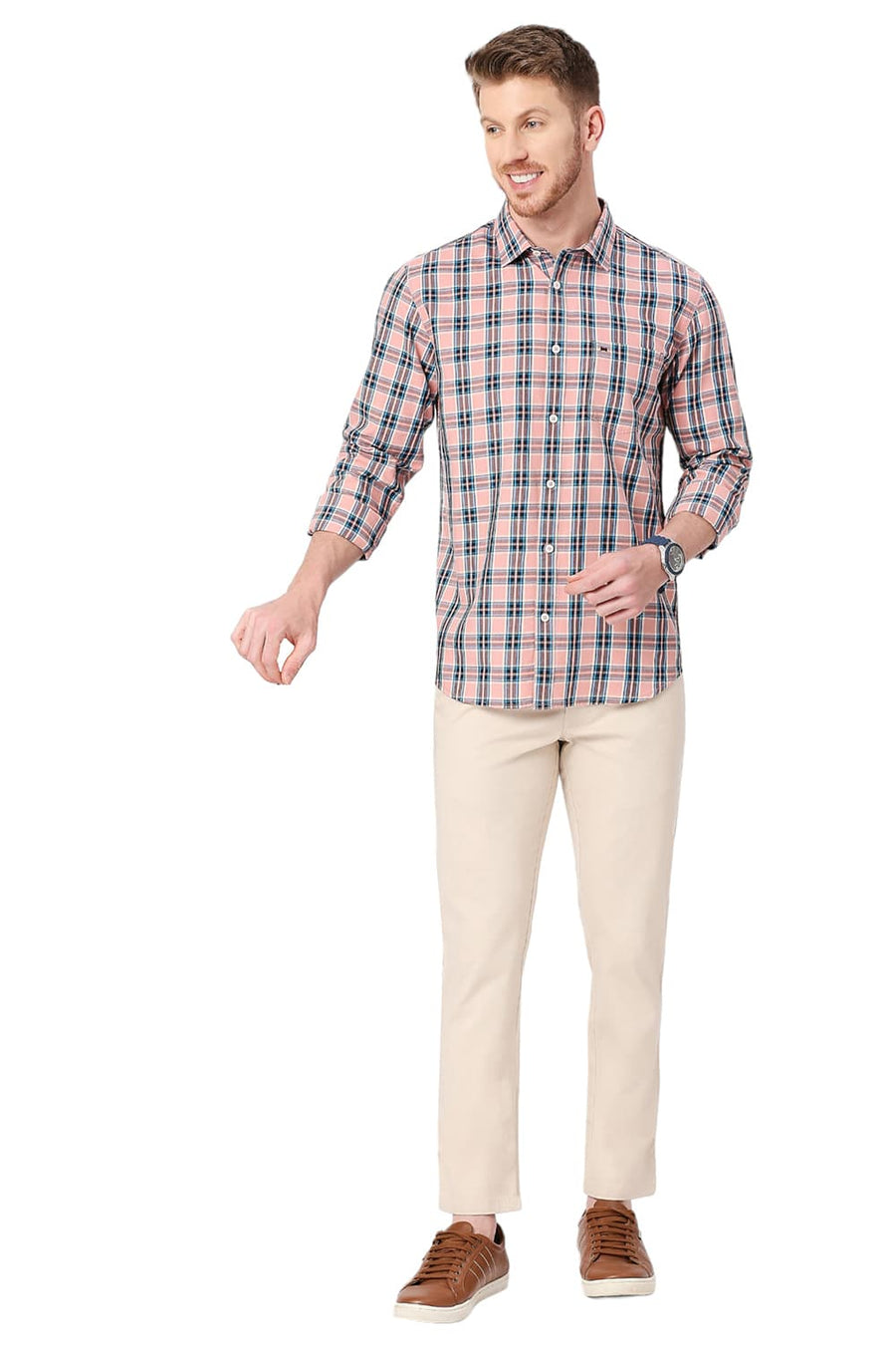 BASICS SLIM FIT LANTANA PEACH COTTON TWILL CHECKS SHIRT