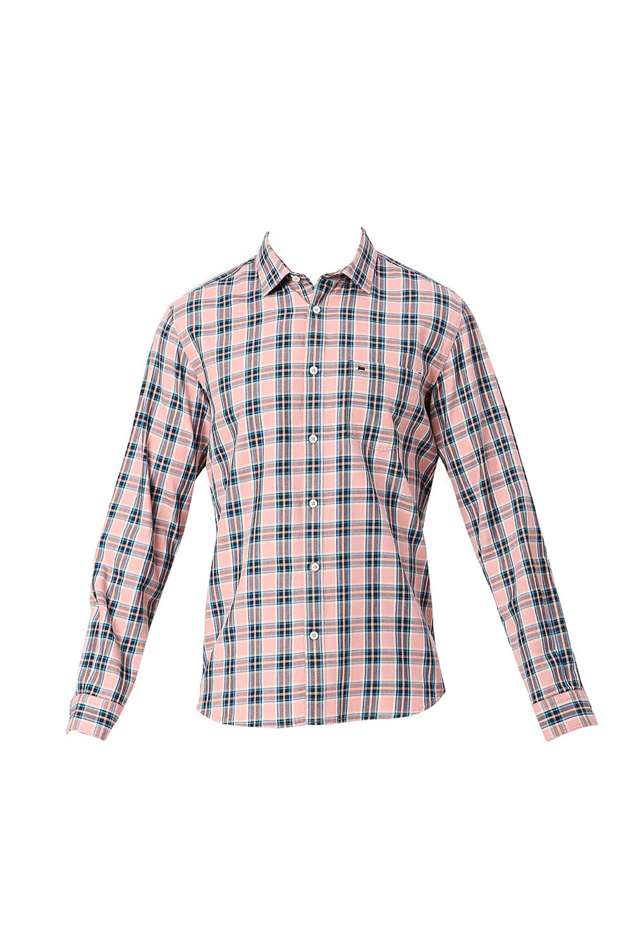 BASICS SLIM FIT LANTANA PEACH COTTON TWILL CHECKS SHIRT