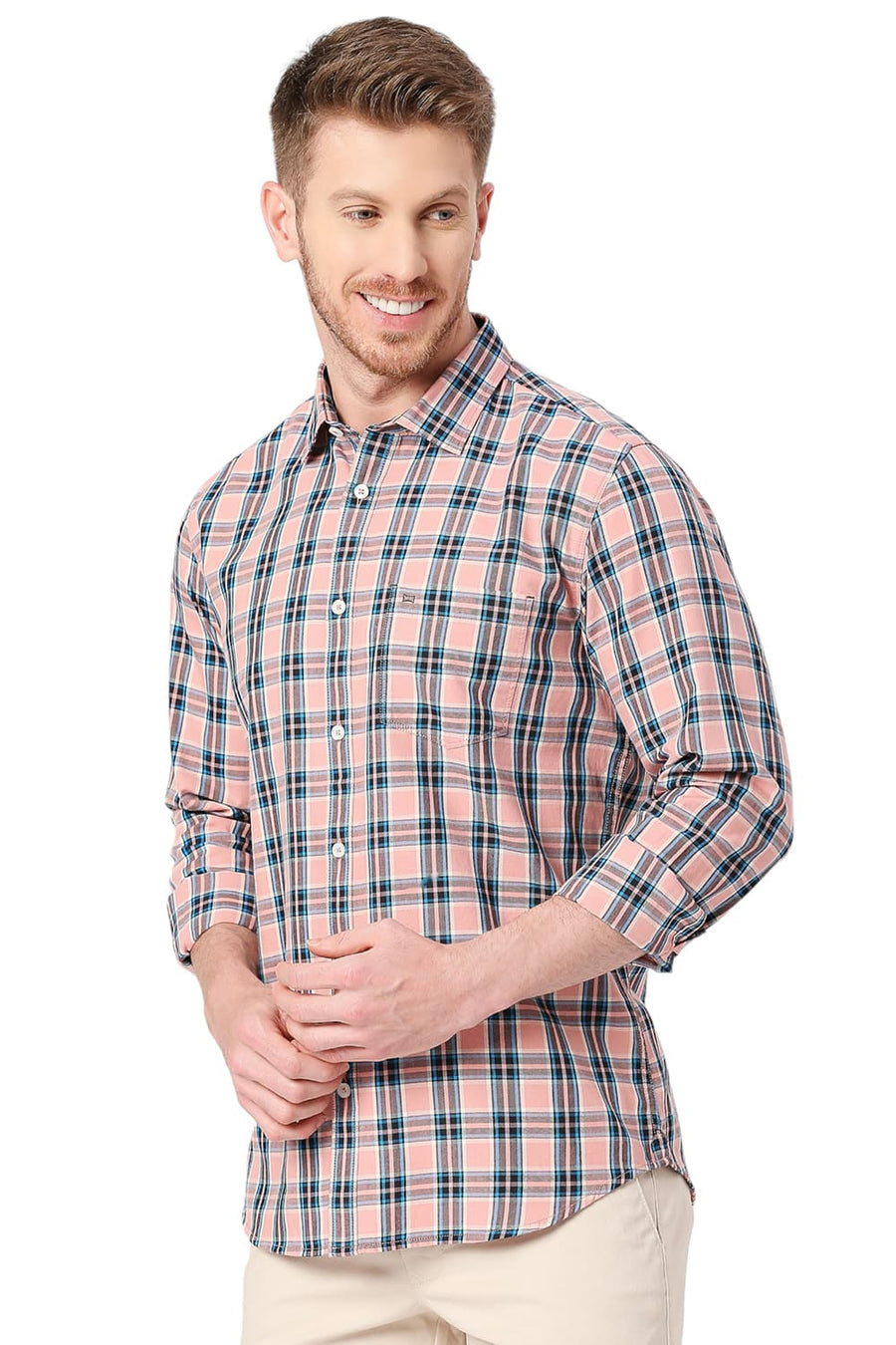 BASICS SLIM FIT LANTANA PEACH COTTON TWILL CHECKS SHIRT