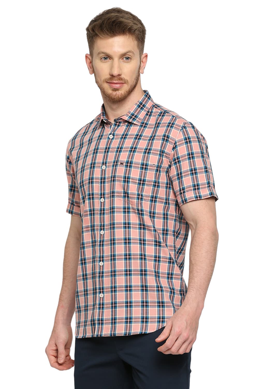 BASICS SLIM FIT COTTON TWILL CHECKS HALFSLEEVES SHIRT