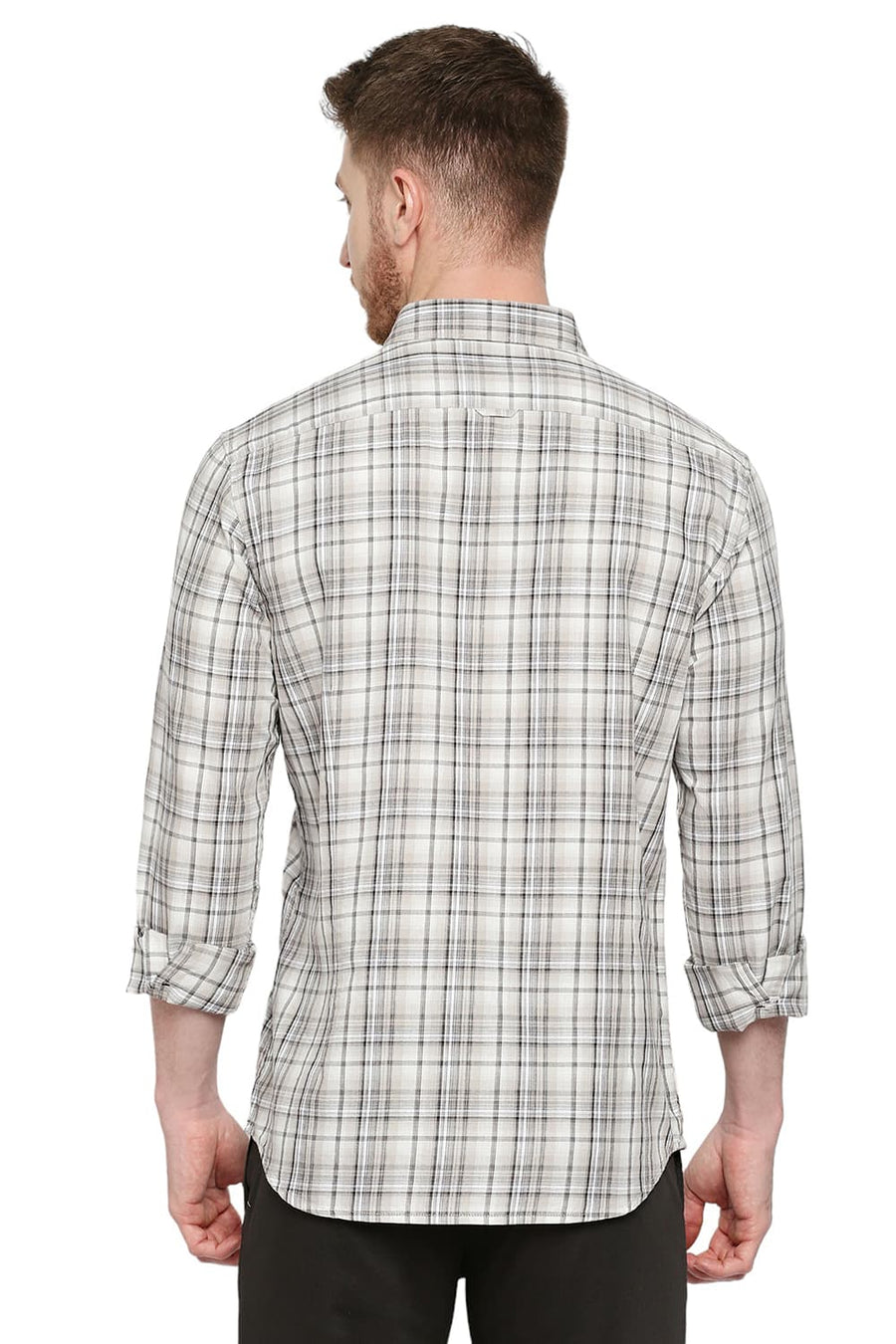 BASICS SLIM FIT SESAME BEIGE COTTON TWILL CHECKS SHIRT