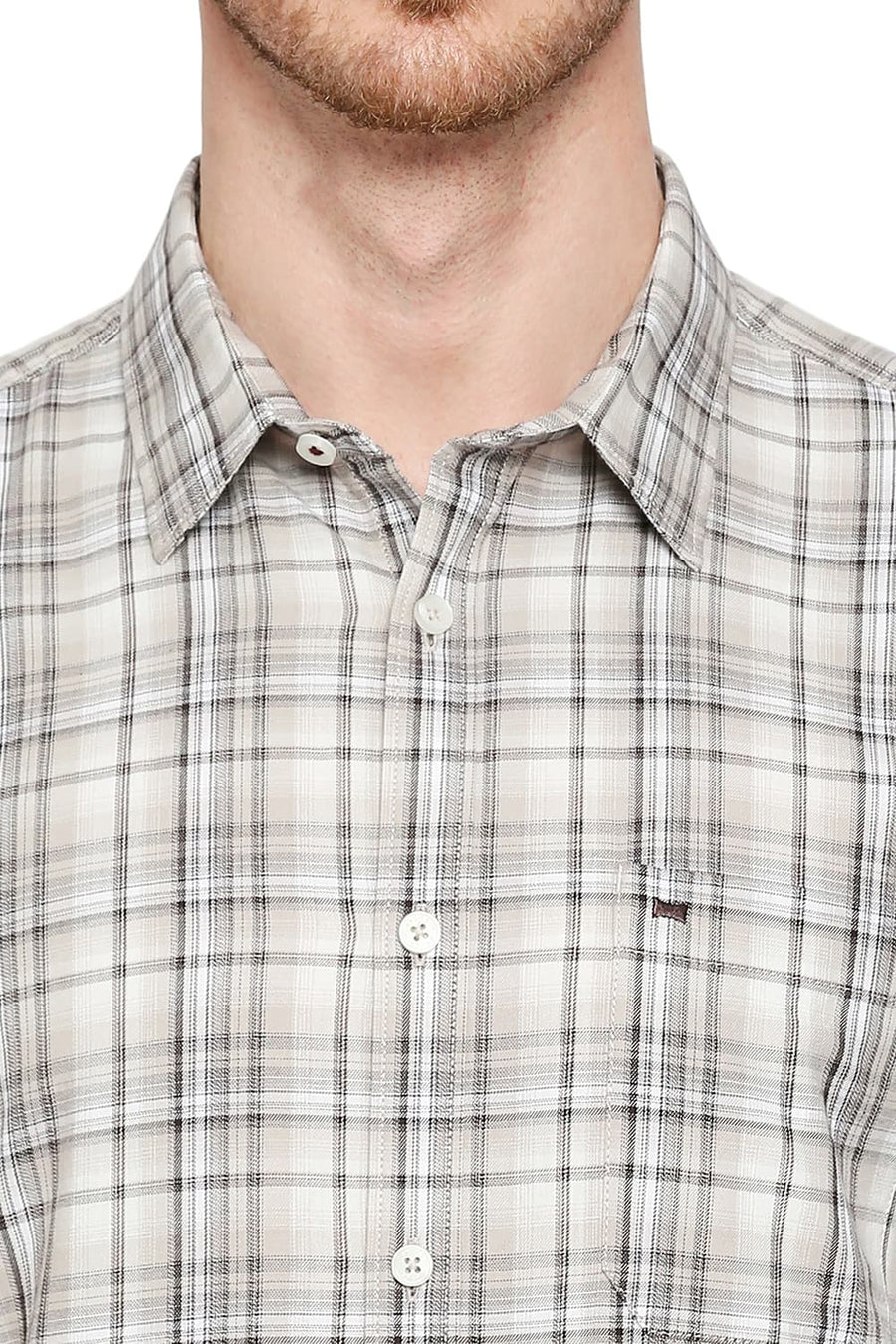 BASICS SLIM FIT SESAME BEIGE COTTON TWILL CHECKS SHIRT