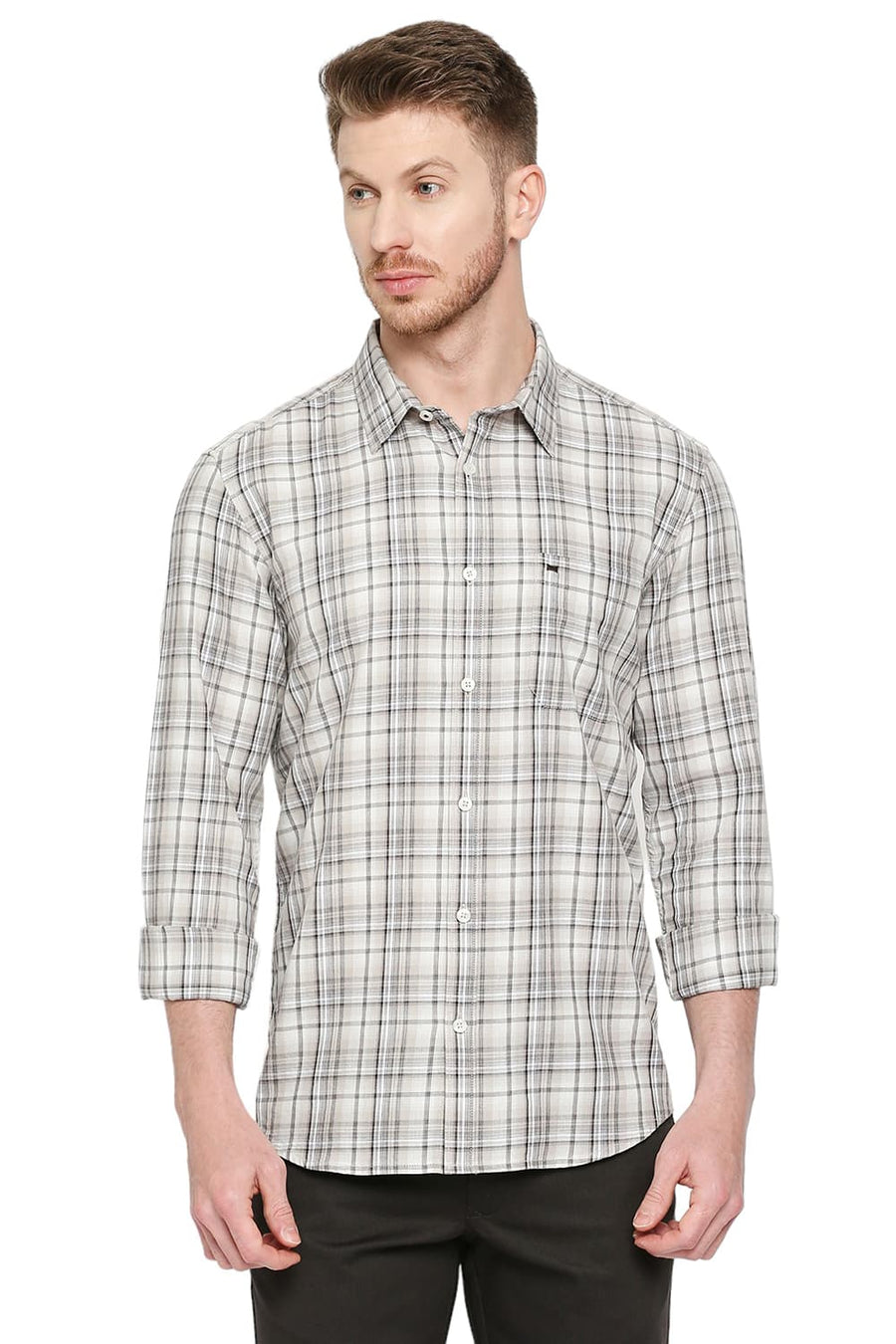 BASICS SLIM FIT SESAME BEIGE COTTON TWILL CHECKS SHIRT
