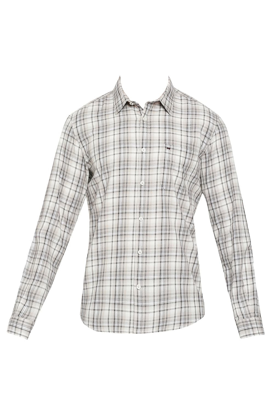 BASICS SLIM FIT SESAME BEIGE COTTON TWILL CHECKS SHIRT