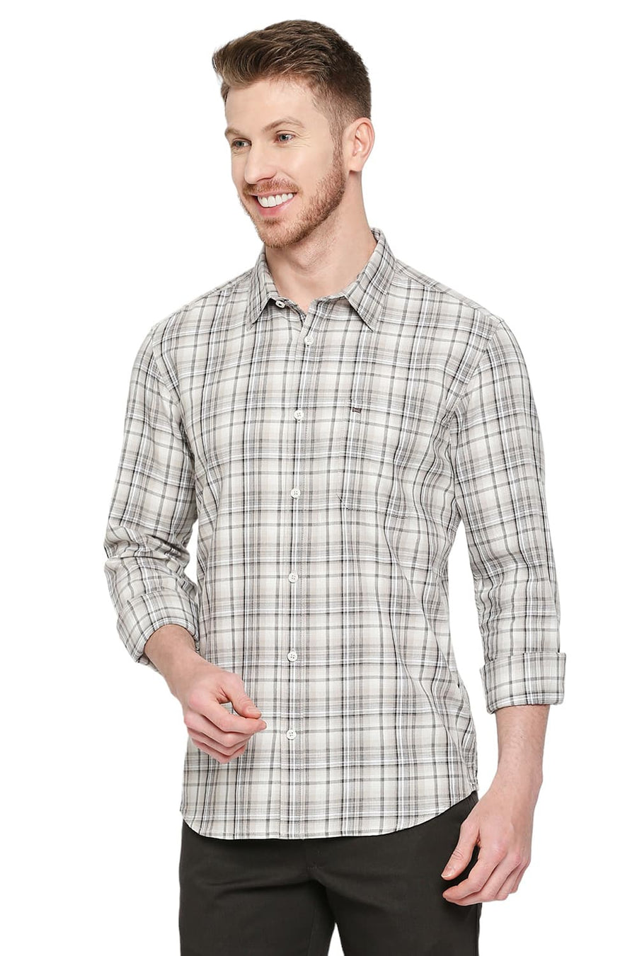 BASICS SLIM FIT SESAME BEIGE COTTON TWILL CHECKS SHIRT