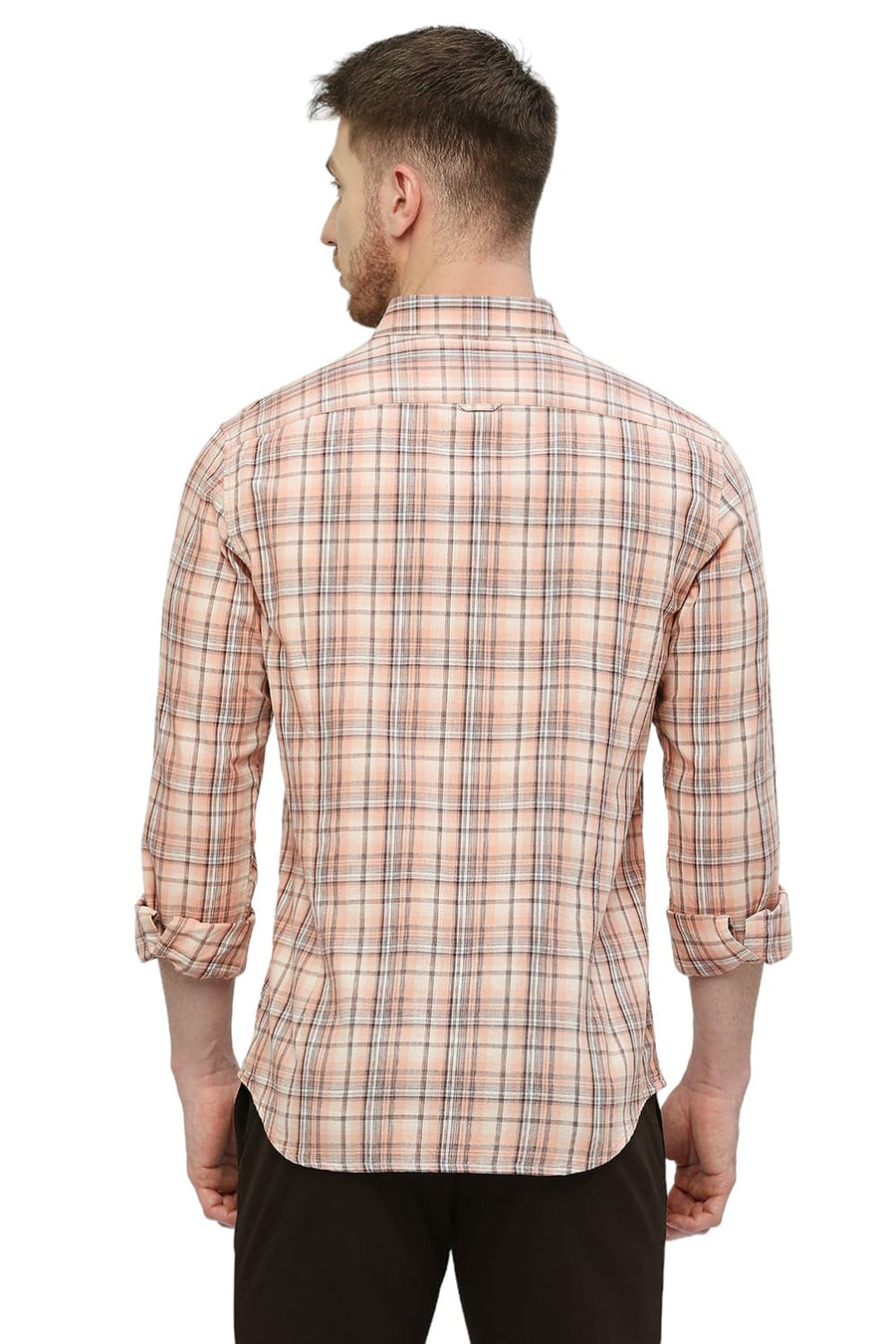 BASICS SLIM FIT DUSTY ORANGE COTTON TWILL CHECKS SHIRT