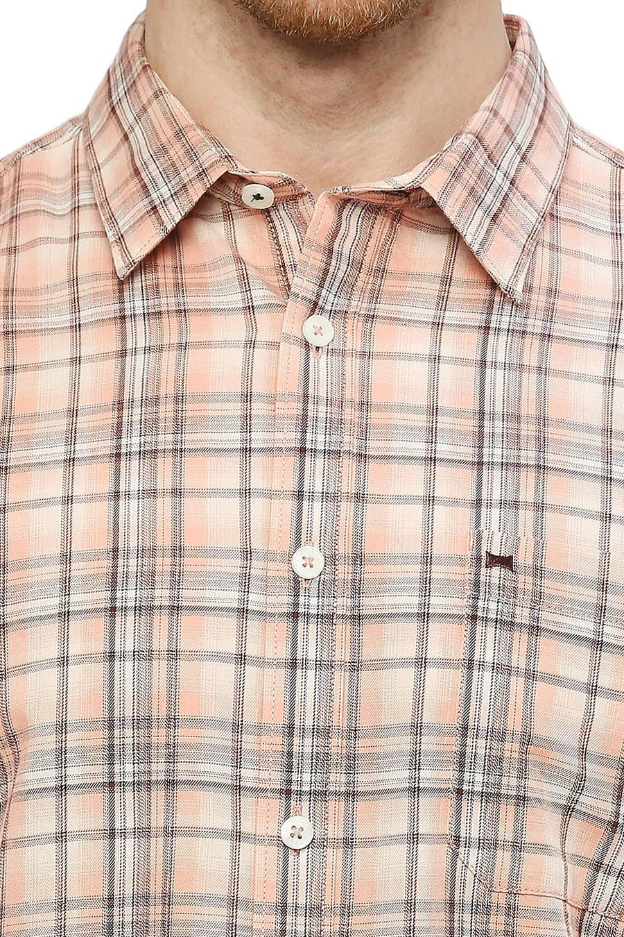 BASICS SLIM FIT DUSTY ORANGE COTTON TWILL CHECKS SHIRT
