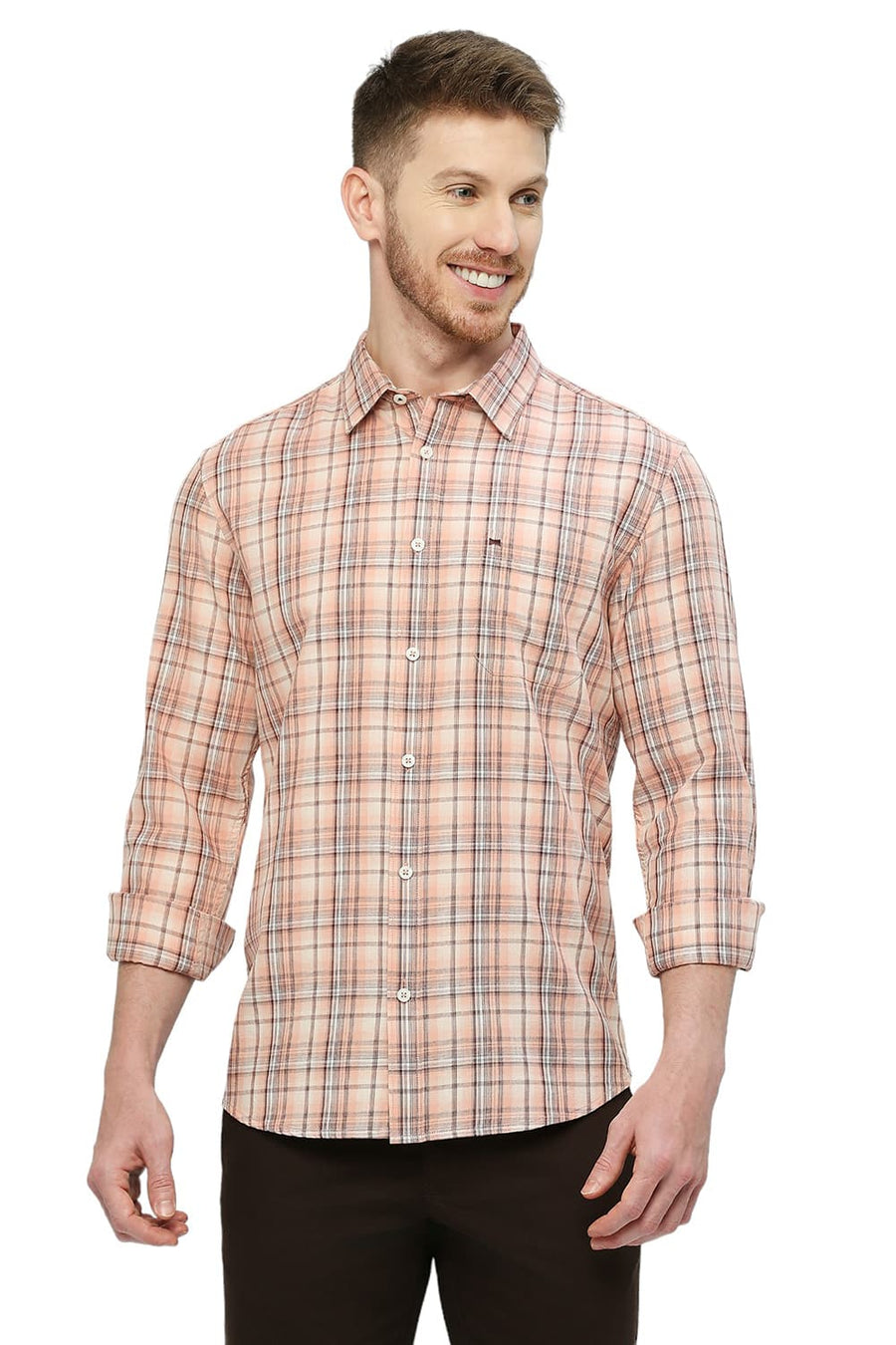 BASICS SLIM FIT DUSTY ORANGE COTTON TWILL CHECKS SHIRT