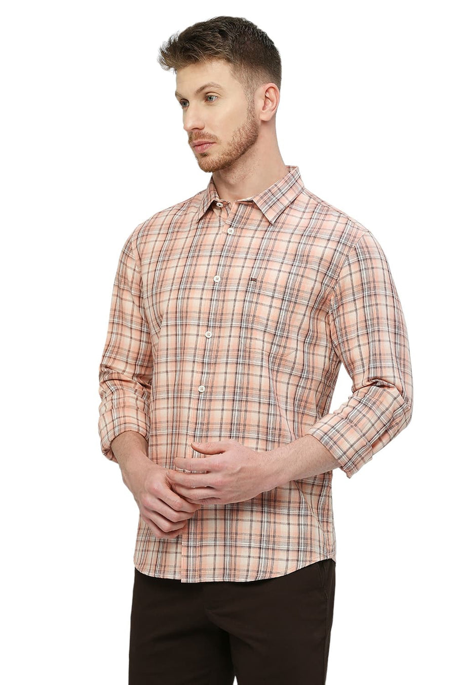BASICS SLIM FIT DUSTY ORANGE COTTON TWILL CHECKS SHIRT