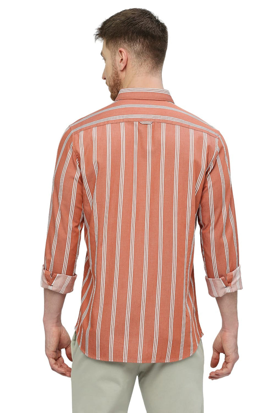 BASICS SLIM FIT SUN BAKED ORANGE COTTON TWILL STRIPES SHIRT