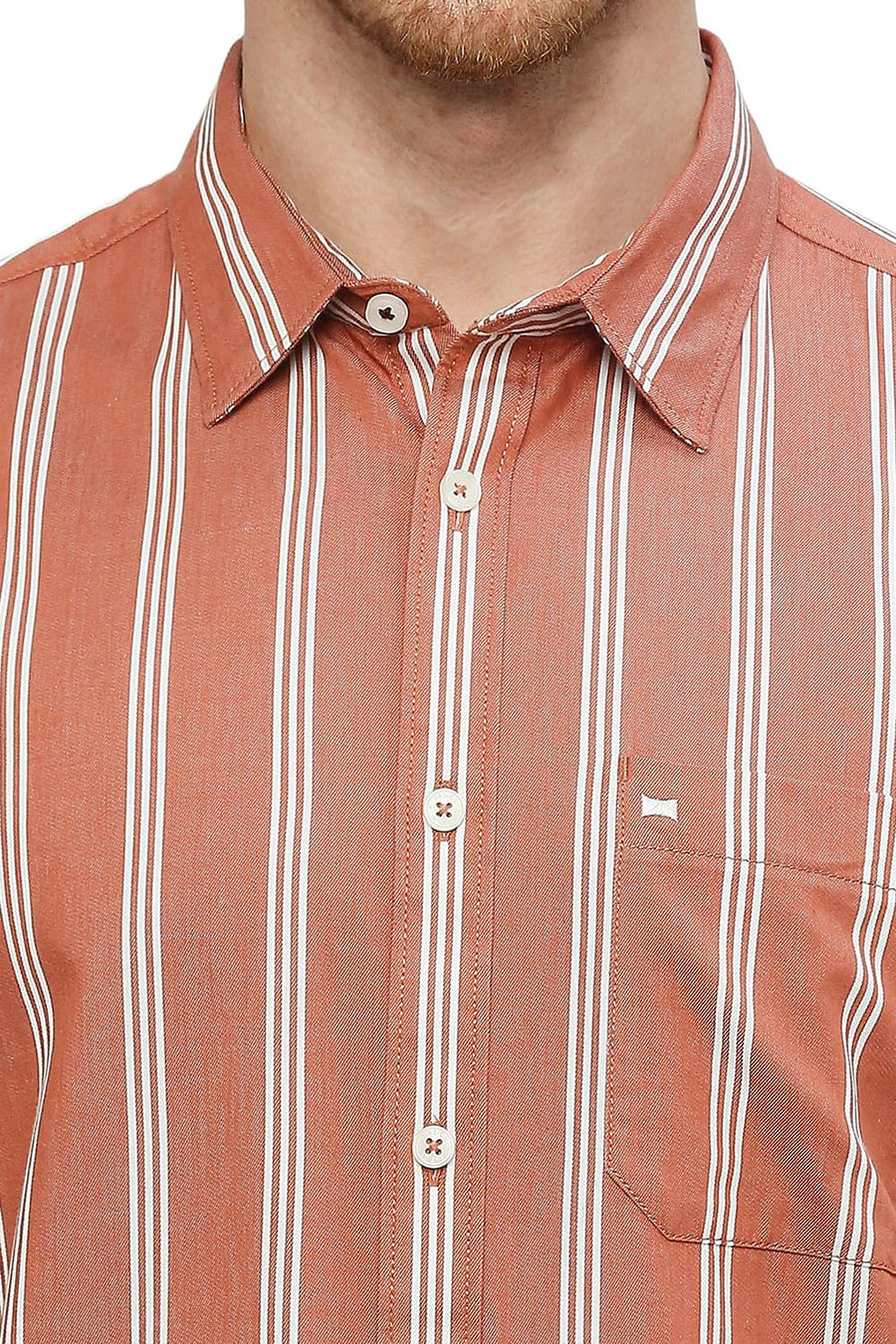 BASICS SLIM FIT SUN BAKED ORANGE COTTON TWILL STRIPES SHIRT