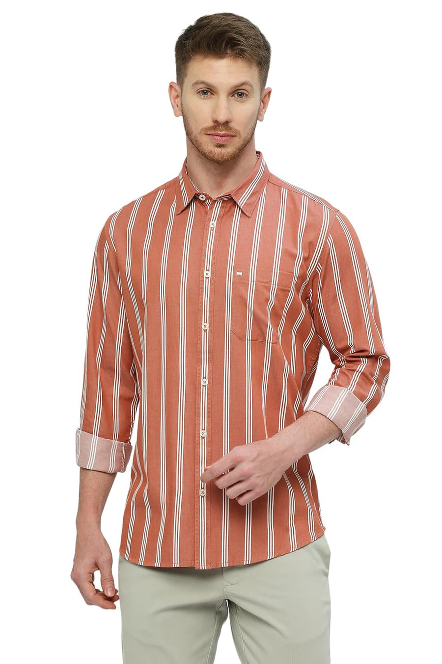 BASICS SLIM FIT SUN BAKED ORANGE COTTON TWILL STRIPES SHIRT