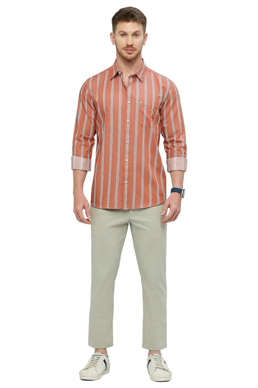 BASICS SLIM FIT SUN BAKED ORANGE COTTON TWILL STRIPES SHIRT