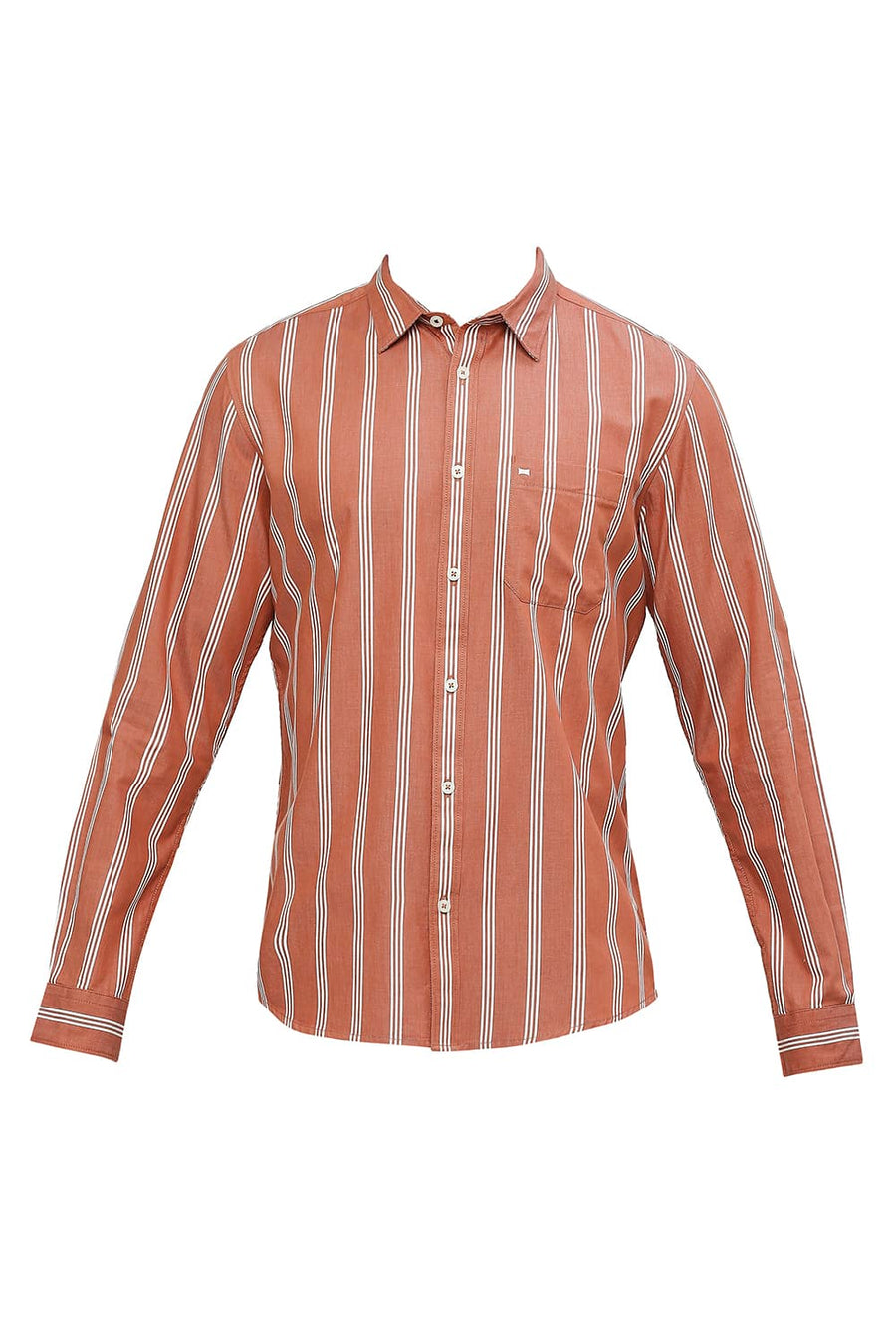 BASICS SLIM FIT SUN BAKED ORANGE COTTON TWILL STRIPES SHIRT