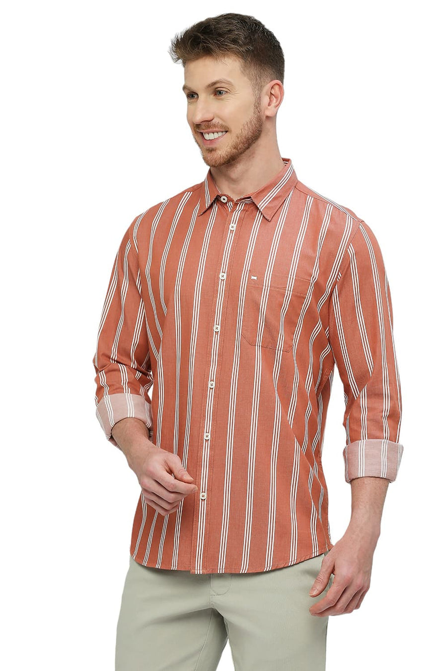 BASICS SLIM FIT SUN BAKED ORANGE COTTON TWILL STRIPES SHIRT