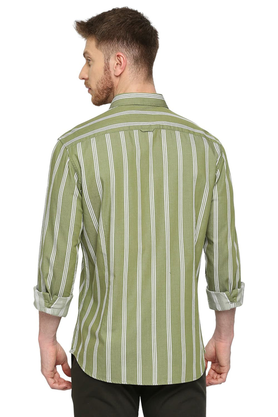 BASICS SLIM FIT COMFREY GREEN COTTON TWILL STRIPES SHIRT