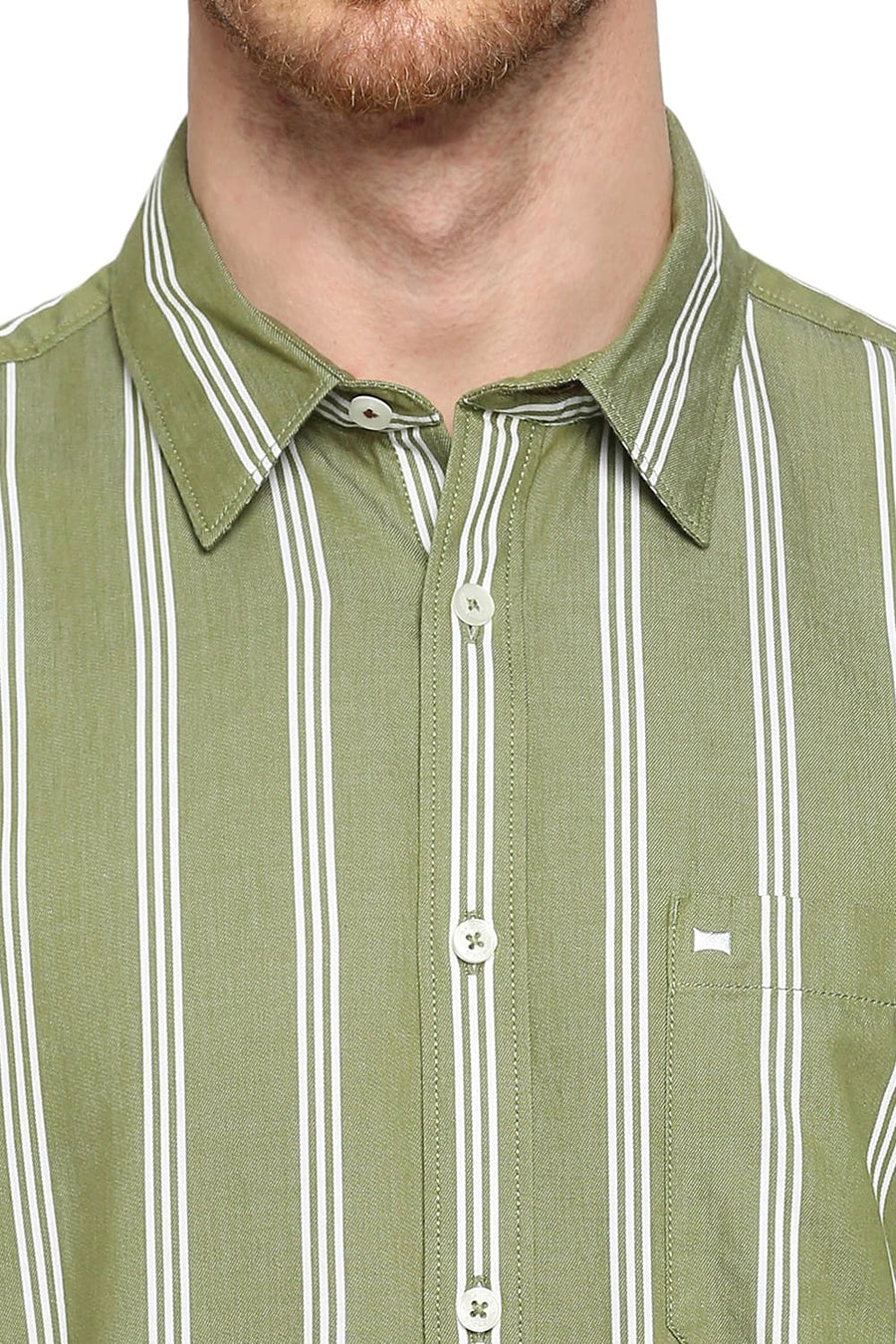 BASICS SLIM FIT COMFREY GREEN COTTON TWILL STRIPES SHIRT