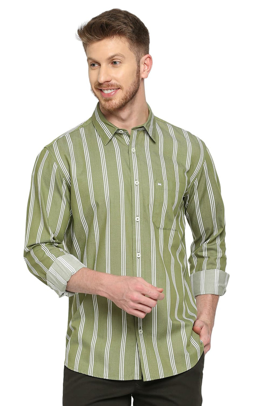 BASICS SLIM FIT COMFREY GREEN COTTON TWILL STRIPES SHIRT