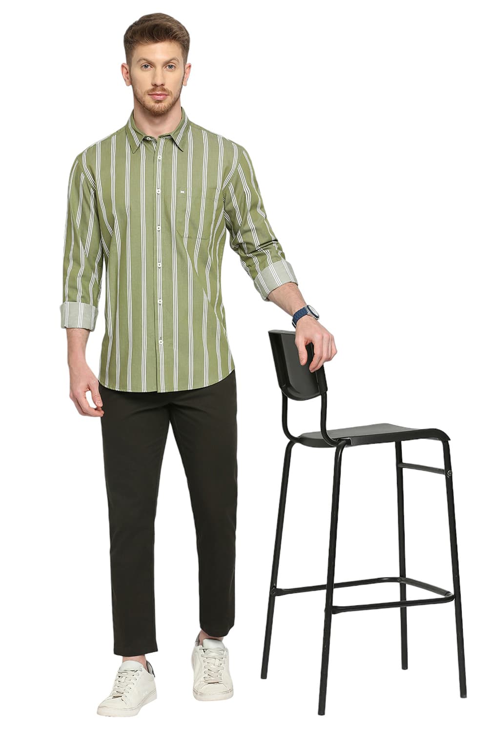 BASICS SLIM FIT COTTON TWILL STRIPES SHIRT