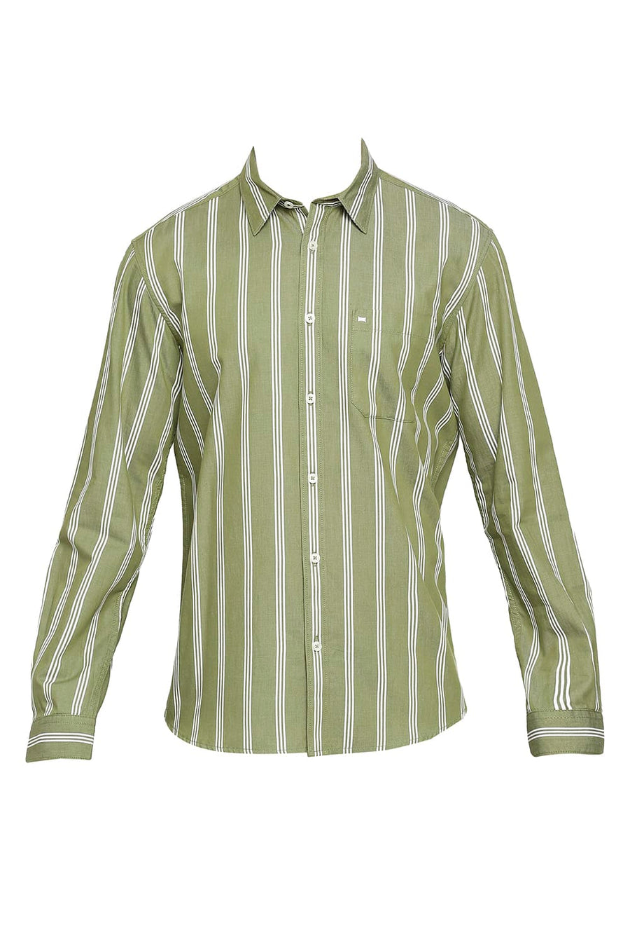 BASICS SLIM FIT COMFREY GREEN COTTON TWILL STRIPES SHIRT