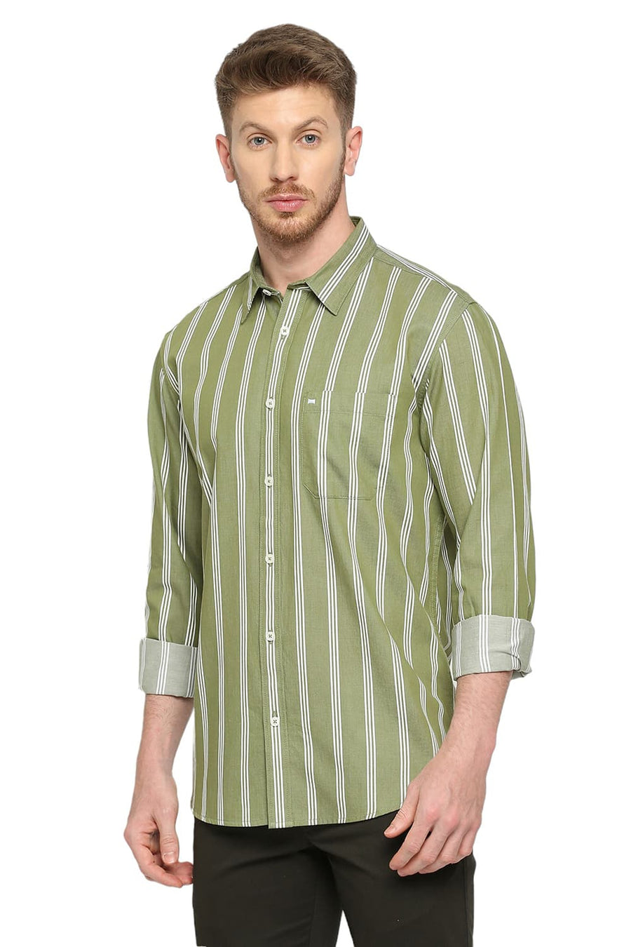 BASICS SLIM FIT COMFREY GREEN COTTON TWILL STRIPES SHIRT