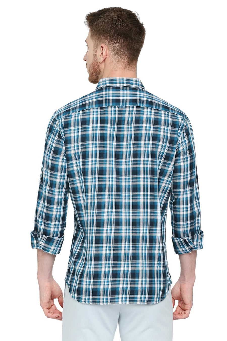 BASICS SLIM FIT MOSAIC BLUE COTTON TWILL CHECKS SHIRT