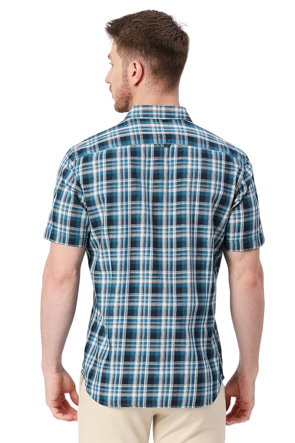 BASICS SLIM FIT COTTON TWILL CHECKS HALFSLEEVES SHIRT