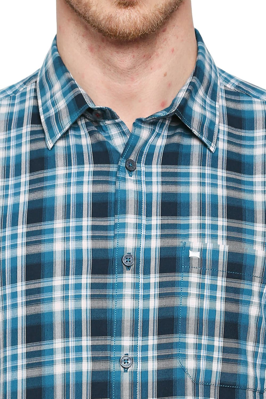 BASICS SLIM FIT MOSAIC BLUE COTTON TWILL CHECKS SHIRT