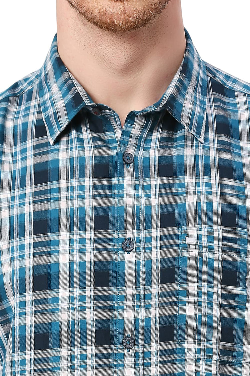 BASICS SLIM FIT COTTON TWILL CHECKS HALFSLEEVES SHIRT