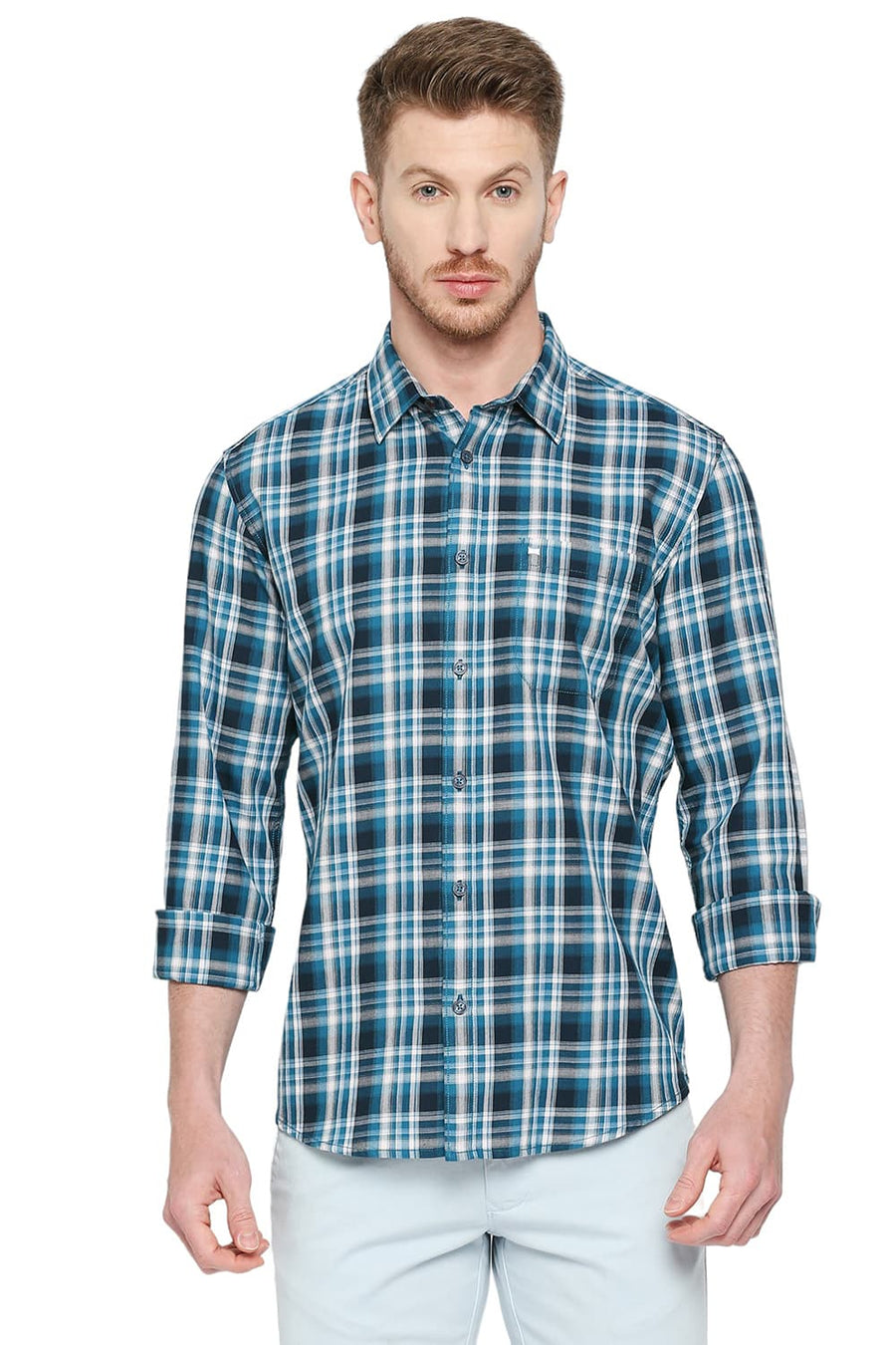 BASICS SLIM FIT MOSAIC BLUE COTTON TWILL CHECKS SHIRT
