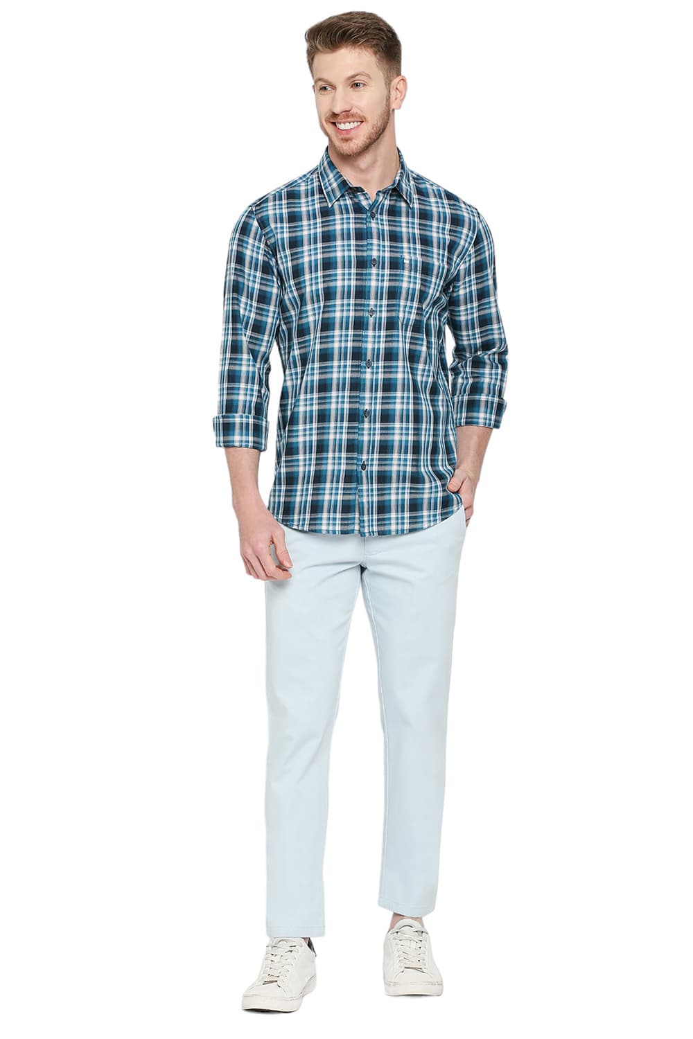 BASICS SLIM FIT COTTON TWILL CHECKS SHIRT