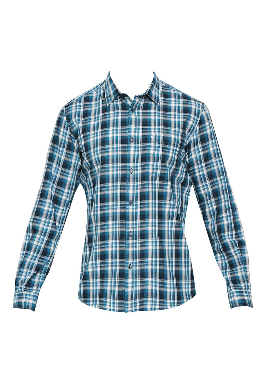 BASICS SLIM FIT MOSAIC BLUE COTTON TWILL CHECKS SHIRT