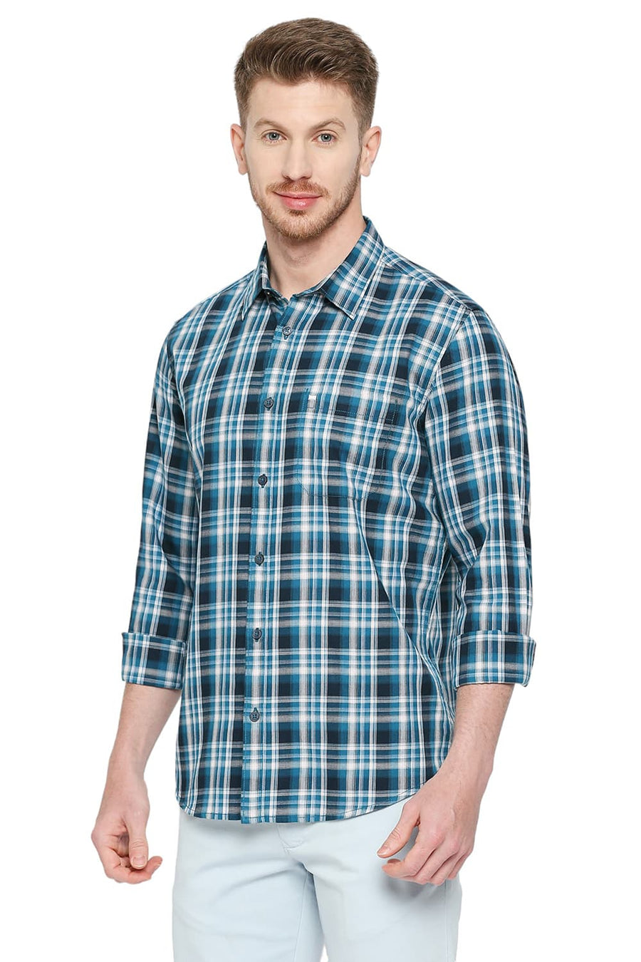 BASICS SLIM FIT MOSAIC BLUE COTTON TWILL CHECKS SHIRT