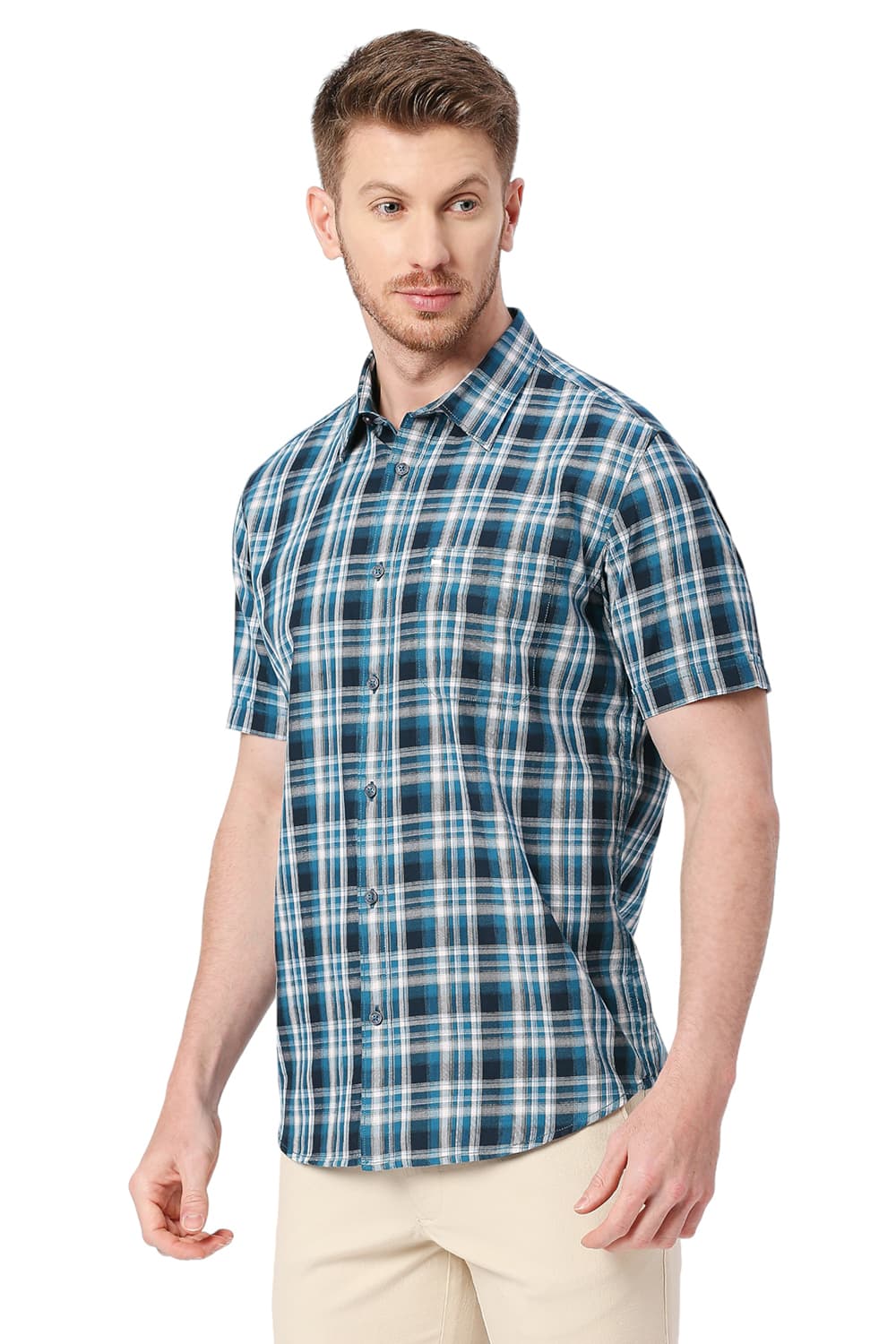 BASICS SLIM FIT COTTON TWILL CHECKS HALFSLEEVES SHIRT