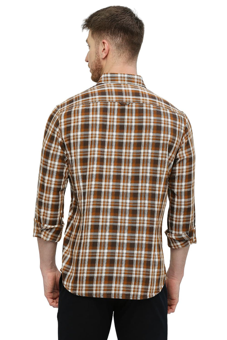 BASICS SLIM FIT TOFFEE BROWN COTTON TWILL CHECKS SHIRT