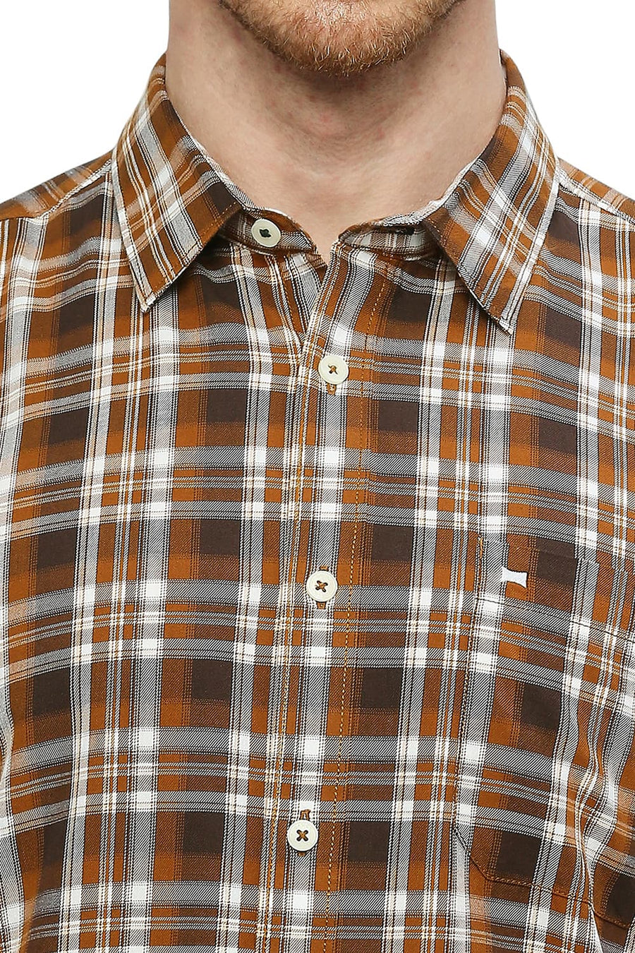 BASICS SLIM FIT TOFFEE BROWN COTTON TWILL CHECKS SHIRT