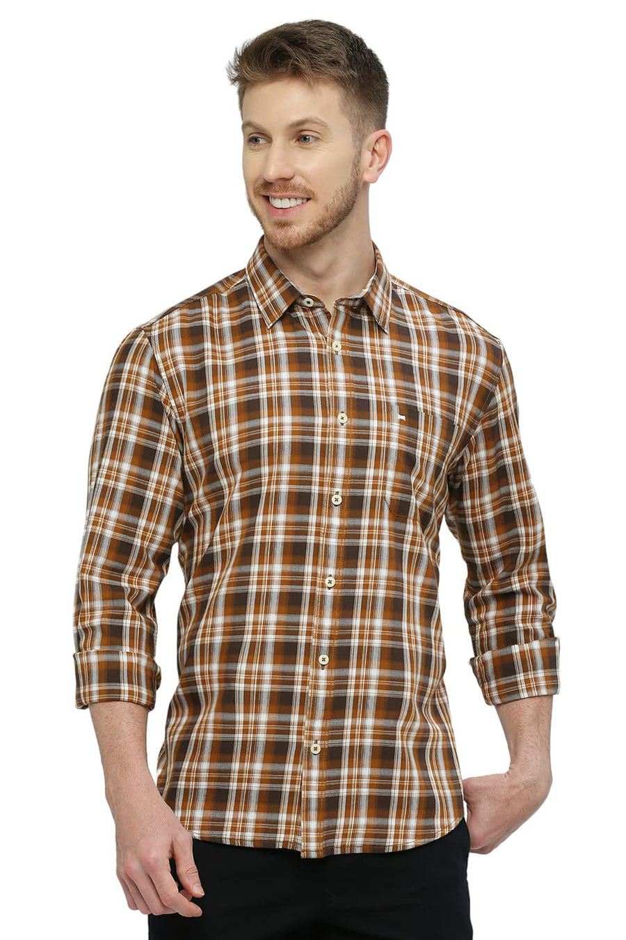 BASICS SLIM FIT TOFFEE BROWN COTTON TWILL CHECKS SHIRT