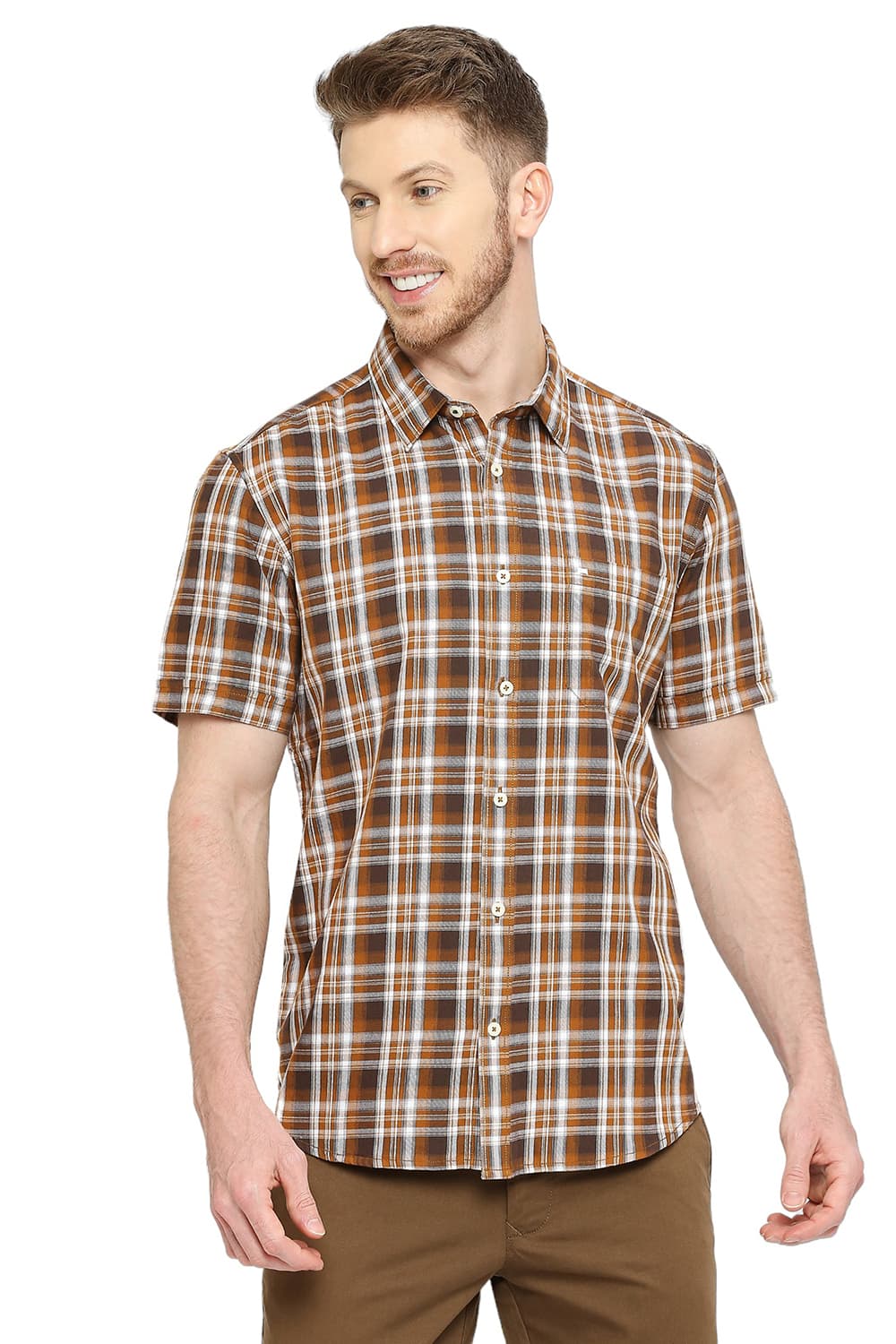 BASICS SLIM FIT COTTON TWILL CHECKS HALFSLEEVES SHIRT